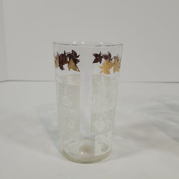 Vintage Hazel Atlas Mid Century Tumblers Gold Leaves White Check Flowers Vases - Picture 5 of 6